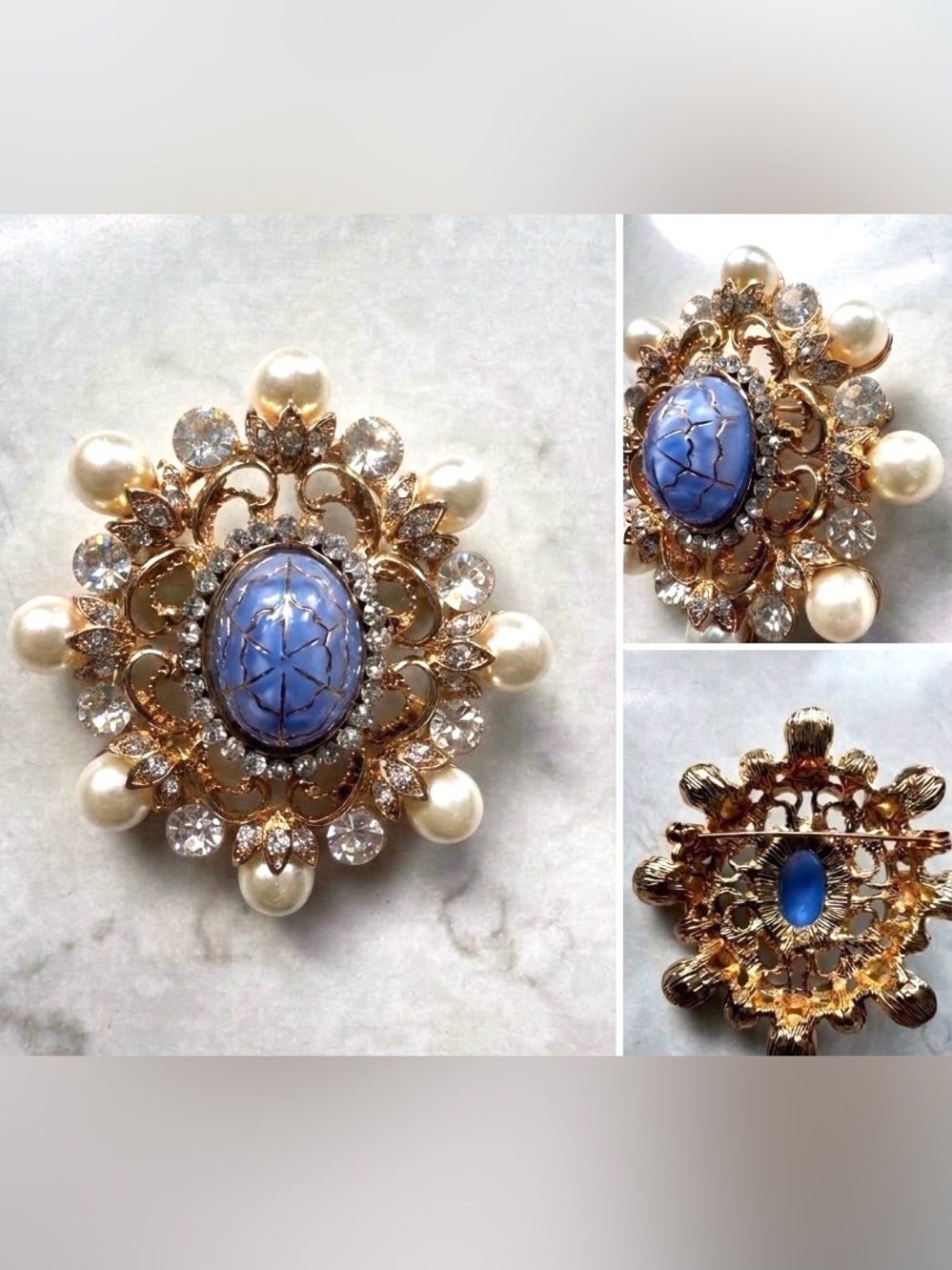 Vintage Star Blue Cabochon, Crystal & Faux Pearl Statement Statement Brooch Pin